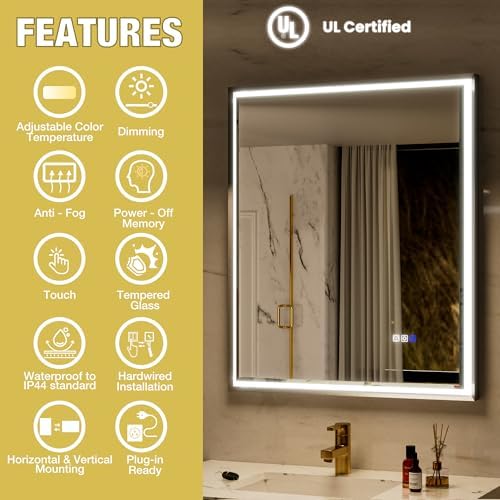 30x36 LED Bathroom Mirror with Lights, Beveled Framed Smart Bathroom Vanity - Image 2
