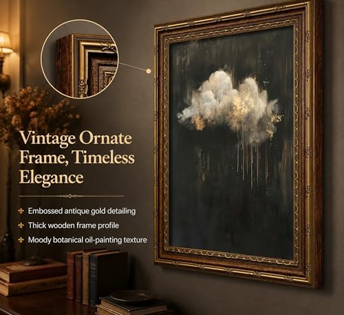 Vintage Framed Cloud Wall Art, Dark Moody Black Gold Cloud Canvas Print - Image 3