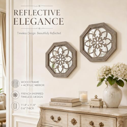 2 Pack 12 Inch Octagon Brown Rustic Wood Frame Acrylic Wall Mirrors, Farmhouse - Image 4