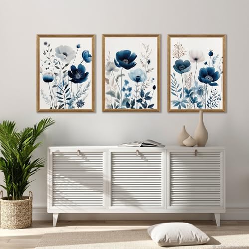 DUWQU Triptych Navy Blue Watercolor Botanical Floral Wall Art 12x16 in x3 - Image 5