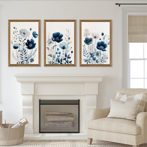 DUWQU Triptych Navy Blue Watercolor Botanical Floral Wall Art 20x30 in x3 - Image 3