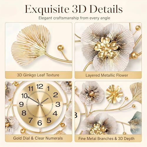 33" 3D Ginkgo Wall Clock with Sculpted Metal Leaves - Image 6