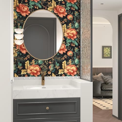 BOKEBEVE Floral Wallpaper Peel and Stick Vintage Black Orange 17.5 x 78.5In - Image 4