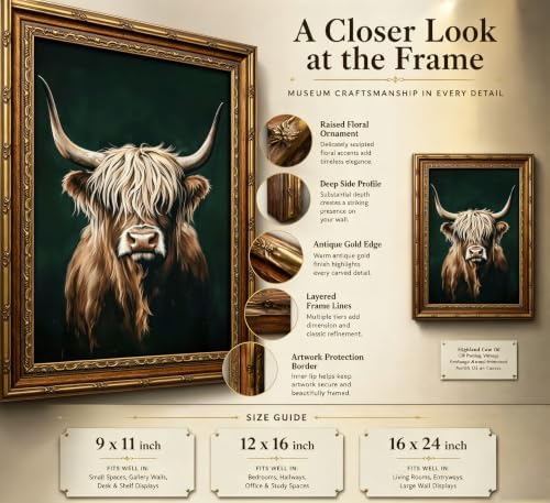 Vintage Gold Framed Canvas Wall Art, Retro Farmhouse Dark Highland Cow Painting - Image 2