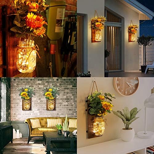 OurWarm Sunflowers Rustic Wall Sconces, Remote-Control Mason Jar Sconces - Image 6