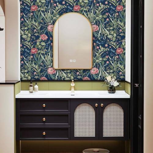 Navy Bird and Floral Peel and Stick Wallpaper Vintage 17in x 118in - Image 4