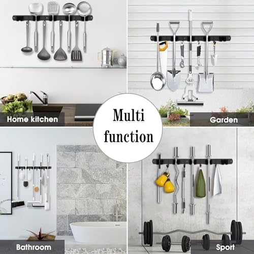 Black Broom Holder Wall Mount, 5 Racks 4 Hooks Mop and Broom Organizer - Image 6