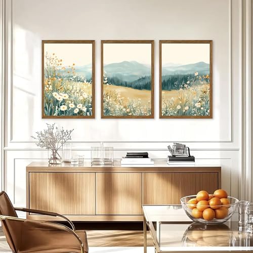 AVECCO 3 Pieces Wildflower Meadow Mountain Framed Canvas Wall Art 20x30 in - Image 4