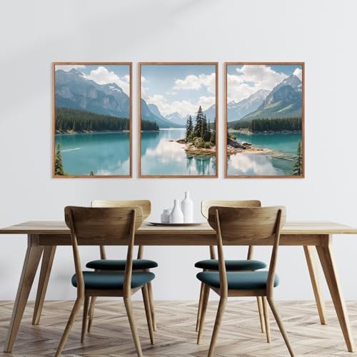 HLNIUC Lake Mountain Landscape Framed Canvas Wall Art, Large Pine Tree Forest - Image 5