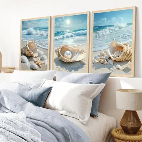 SYWENNOI Triptych Coastal Shell Pearl Framed Canvas Wall Art 16x24 inch x3 - Image 4