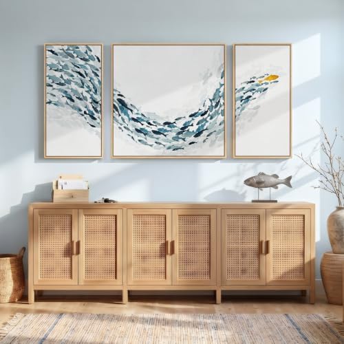 Extra Large 3 Piece Framed Blue White Coastal Fish Wall Art - Image 4
