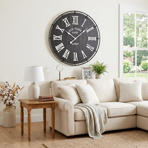 EMAX HOME Inch Large Black Wall Clock, Rustic Distressed Wooden Dial - Image 6