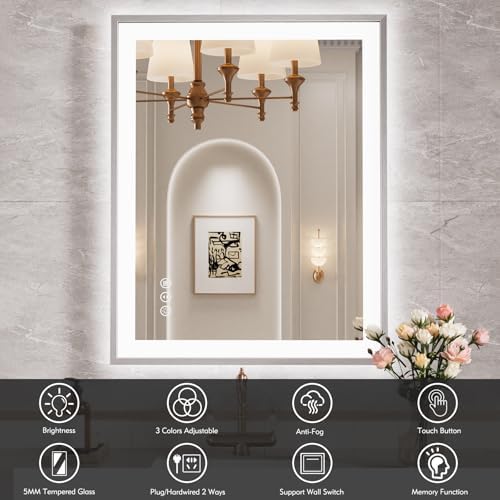 24x30 Inch LED Mirror for Bathroom, Brushed Nickel Frame - Image 2
