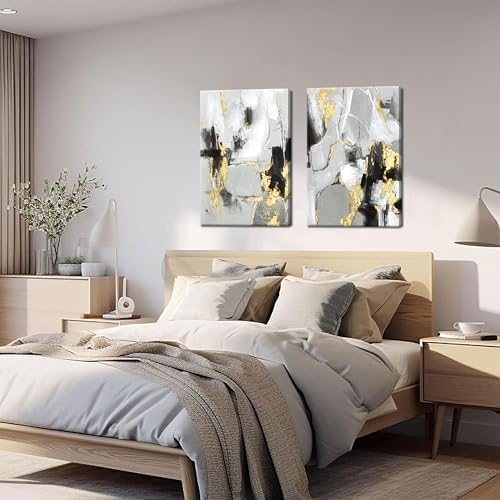 Framed Abstract Black Gold Wall Art Set of 2, Modern Black White Gold Canvas - Image 4