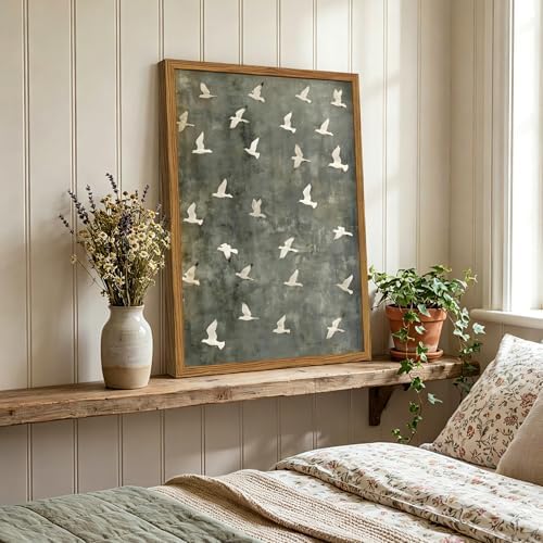 Framed Vintage Flying Bird Canvas Wall Art, Minimalist Abstract Flock of White - Image 3