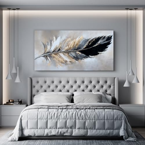 YISXINOAG Black Gold Abstract Wall Art Minimalist Feather Canvas 20"X40" - Image 3