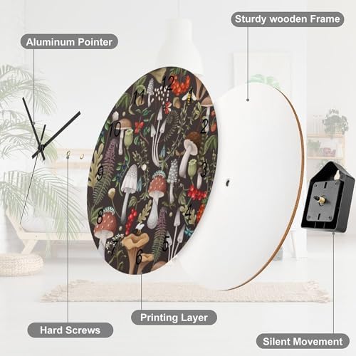 Botanical Wall Clock, Vintage Cartoon Abstract Botanical Mushroom Plants - Image 7