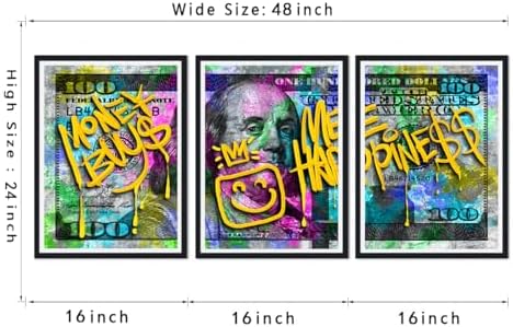 Black Framed Canvas Wall Art 100 Dollar Money Buy Me Happiness Painting 3 Panels - Image 6
