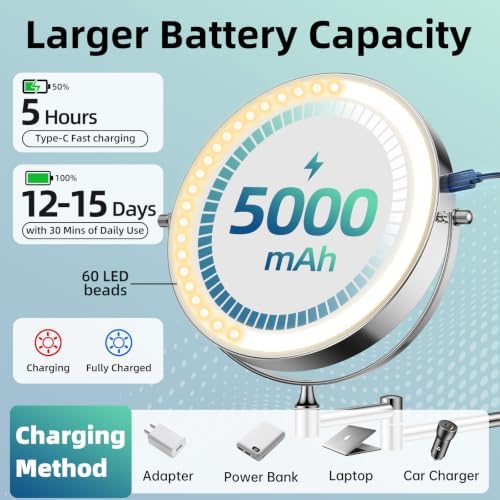 FUNTOUCH 5000mAh Rechargeable Wall Mounted Lighted Makeup Mirror 1X30X - Image 2