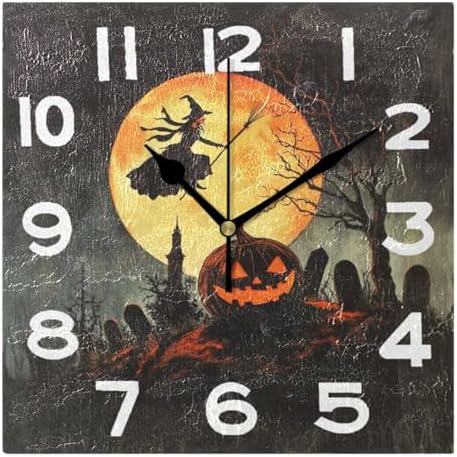 Moderate 8 Inch Square Wall Clock, Halloween Cemetery Carved Pumpkin Flying by Peystean