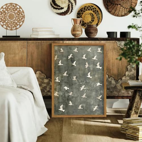 Framed Vintage Flying Bird Canvas Wall Art, Minimalist Abstract Flock of White - Image 2