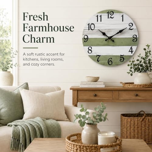 CHYLIN Wall Clock Silent Non-Ticking Battery Operated Green White Striped - Image 4