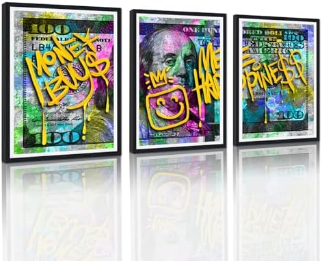 Black Framed Canvas Wall Art 100 Dollar Money Buy Me Happiness Painting 3 Panels by YatsenBridge