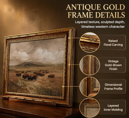 Gold Framed Wall Art Vintage country Bison Herd Canvas Painting Picture Wall - Image 4