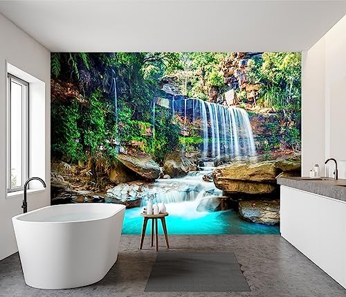 -Green Lake Waterfall Scenery Fabric Wallpaper Living Room Woodland Forest - Image 3
