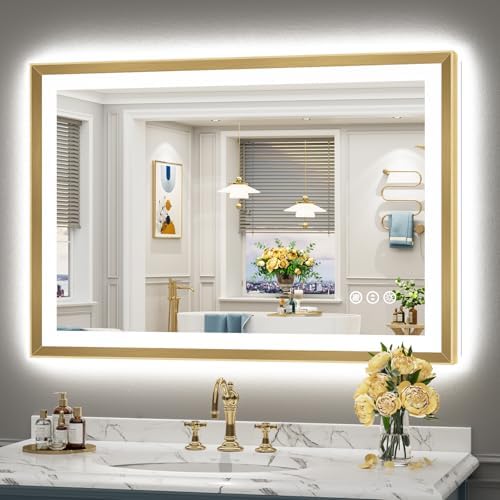 44x30 Gold Beveled LED Lighted Bathroom Mirror, Backlit & Front Lit by Awandee