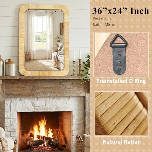 Rattan Rectangular Mirror 24x36, Boho Decorative Wall Mirror - Image 5