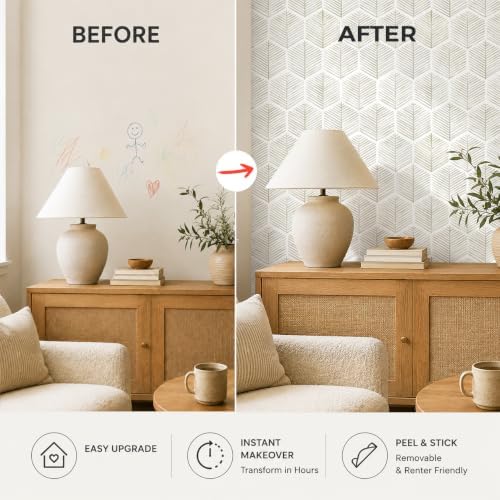 MelunMer Geometric Peel and Stick Wallpaper Boho Beige White 17.3''×591'' - Image 4