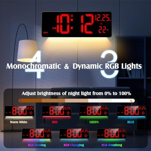 16.5" Digital Wall Clock, 6-Color Dimmable Night Light - Image 2
