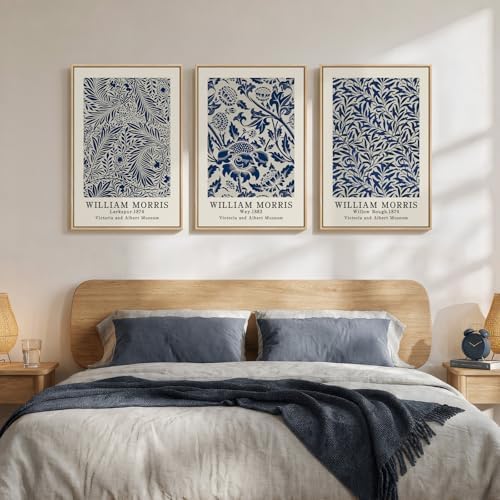 Framed William Morris Blue Botanical Canvas Wall Art Set of 3, 16x24 In - Image 2