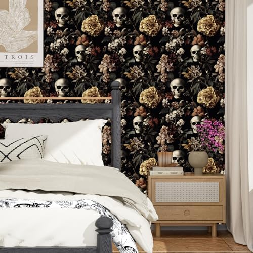 BOKEBEVE Gothic Skull Peel and Stick Wallpaper Vintage Black 17.5 x 118In - Image 4