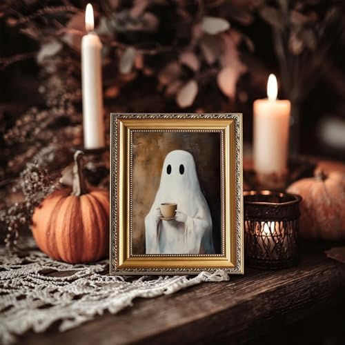 uniro Vintage Gold Framed Wall Art, Vintage Ghost Drinking Coffee Halloween - Image 3