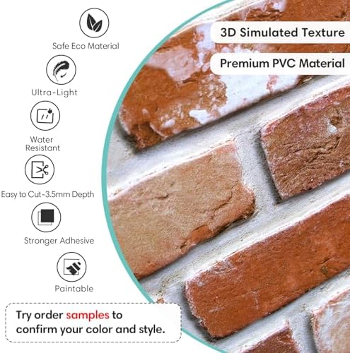 Commomy Faux Brick 3D Wall Panels, Thin UrltraLight PVC 22.8" x 11.8" - Image 3