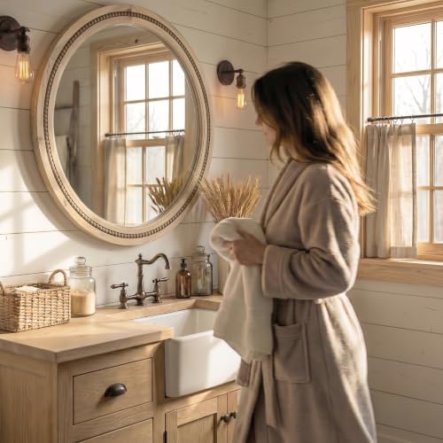 Solid Wood 30 Inch Round Beaded Vanity Wall Mirror, Natural Wood - Image 5