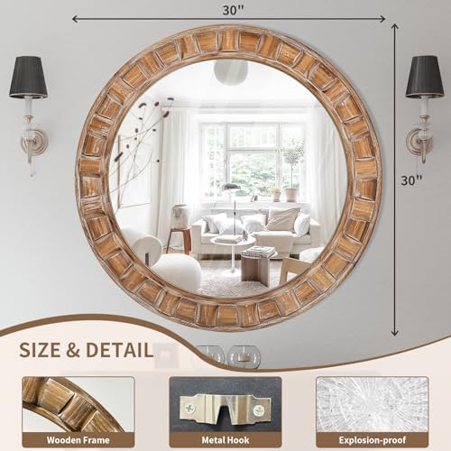 30 Inch Brown Solid Wood Round Wall Mirrors - Image 2