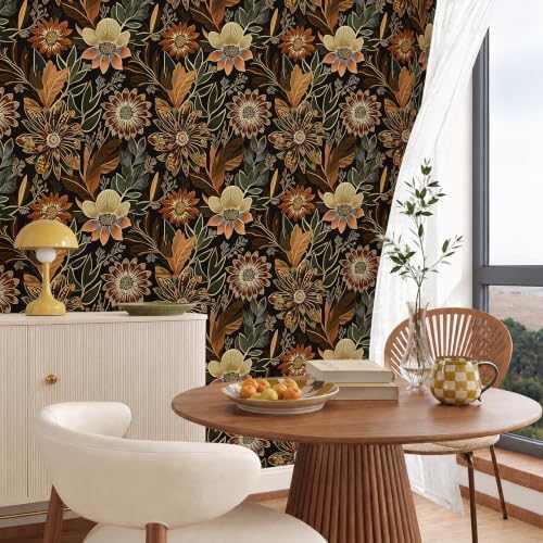 Laatse Boho Dark Black Gold Floral Wallpaper Peel and Stick 17.5"x118" - Image 3