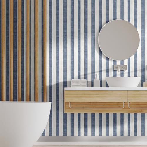 Navy Blue and Cream White Textured Striped Peel and Stick Wallpaper, Self - Image 5