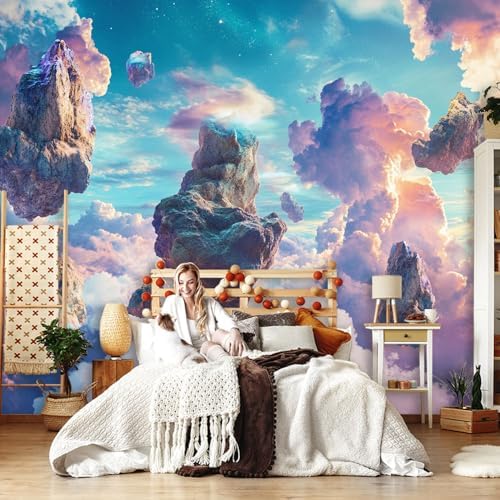 Colorful Decorative Wall Mural Wallpaper Floating Rocks Clouds Surreal Style - Image 3