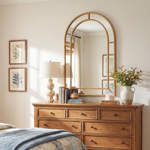 Tangkula 35" x 23" Gold Arched Wall Mirror, Decorative Mirror - Image 2