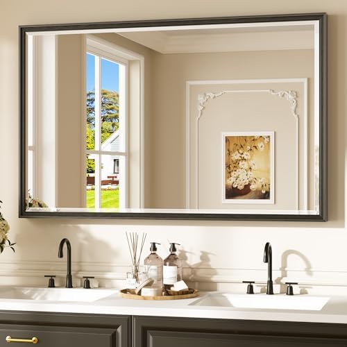 Keonjinn 48" x 30" Black Bathroom Vanity Mirror, French Cleat Installation by Keonjinn