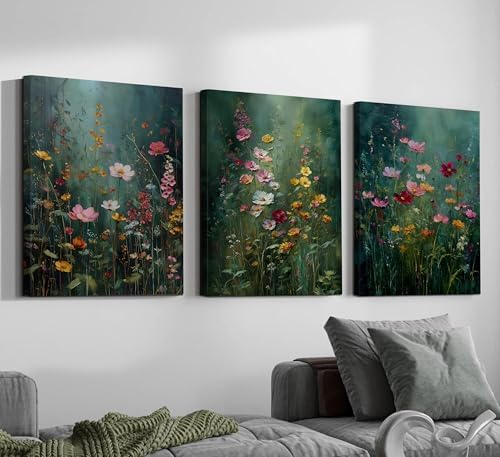 3Pcs Dark Green Floral Canvas Wall Art Moody Wildflowers Poster Prints Vintage - Image 4