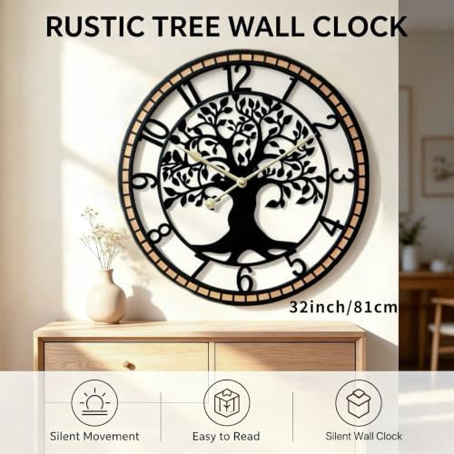 Large Wall Clock for Living Room Decor 32 Inch Tree of Life Metal Wall Art - Image 2