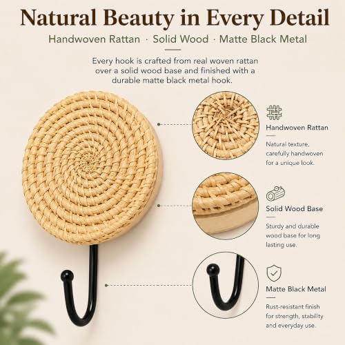 Large Decorative Wall Hooks 2 Pack Woven Rattan Boho Coat Hooks - Image 2