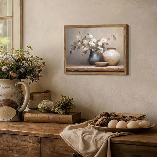 Framed Vintage Floral Canvas Wall Art, Neutral Rustic Still Life Botanical - Image 6