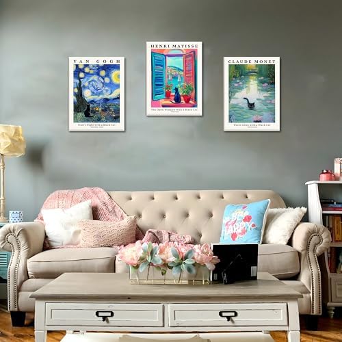 MUWAK Framed Black Cat Canvas Wall Art Set of 3 – Van Gogh Matisse Monet - Image 2