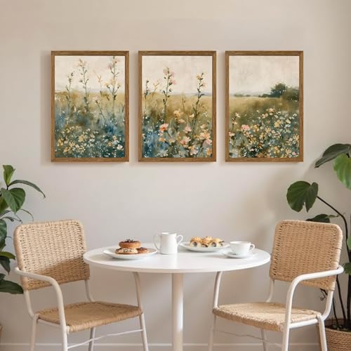 AVECCO 3 Pieces Vintage Wildflower Field Wall Art Framed Canvas 16x24 inch - Image 3